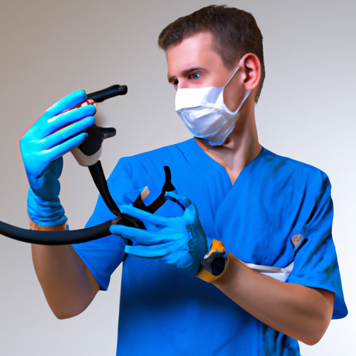 תמונה של רופא לבוש במסכה וכפפות מתכונן לבדיקת קולונוסקופיה