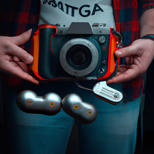 צילום של צלם מגנטים מקצועי עם מצלמה ביד ומגנט חזק באחר.