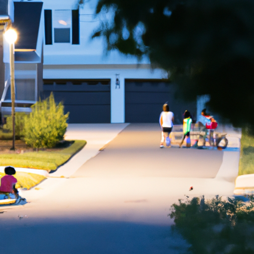רחוב מגורים מואר בשכונה בטוחה עם ילדים משחקים בחוץ.