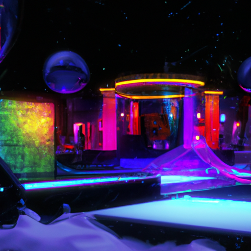 3. תמונה של מקום למסיבה מואר בתאורה רכה וצבעונית וכדורים צפים, היוצרים אווירה קסומה.
