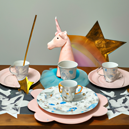 1. תמונה המציגה שולחן מעוטר בכלי שולחן עם נושא קסום הכולל צלחות בצורת כוכב, מפיות חד קרן וכובעים לכובע קוסמים.