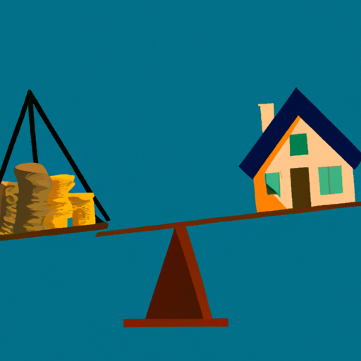 איור המציג סולם איזון עם בית בצד אחד ומצד שני מטבעות, המסמל את ההשלכות הכלכליות של רכישת דירה חדשה