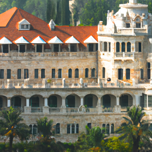 1. תמונה המציגה את הפאר של מלון המלך דוד, על הארכיטקטורה ההיסטורית והגנים השופעים.